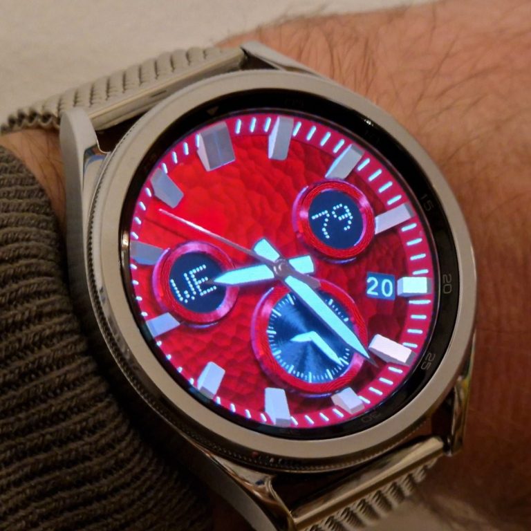 Realistic analog/hybrid real-time 3D rendered watch face in cherry red with rose gold hour markers